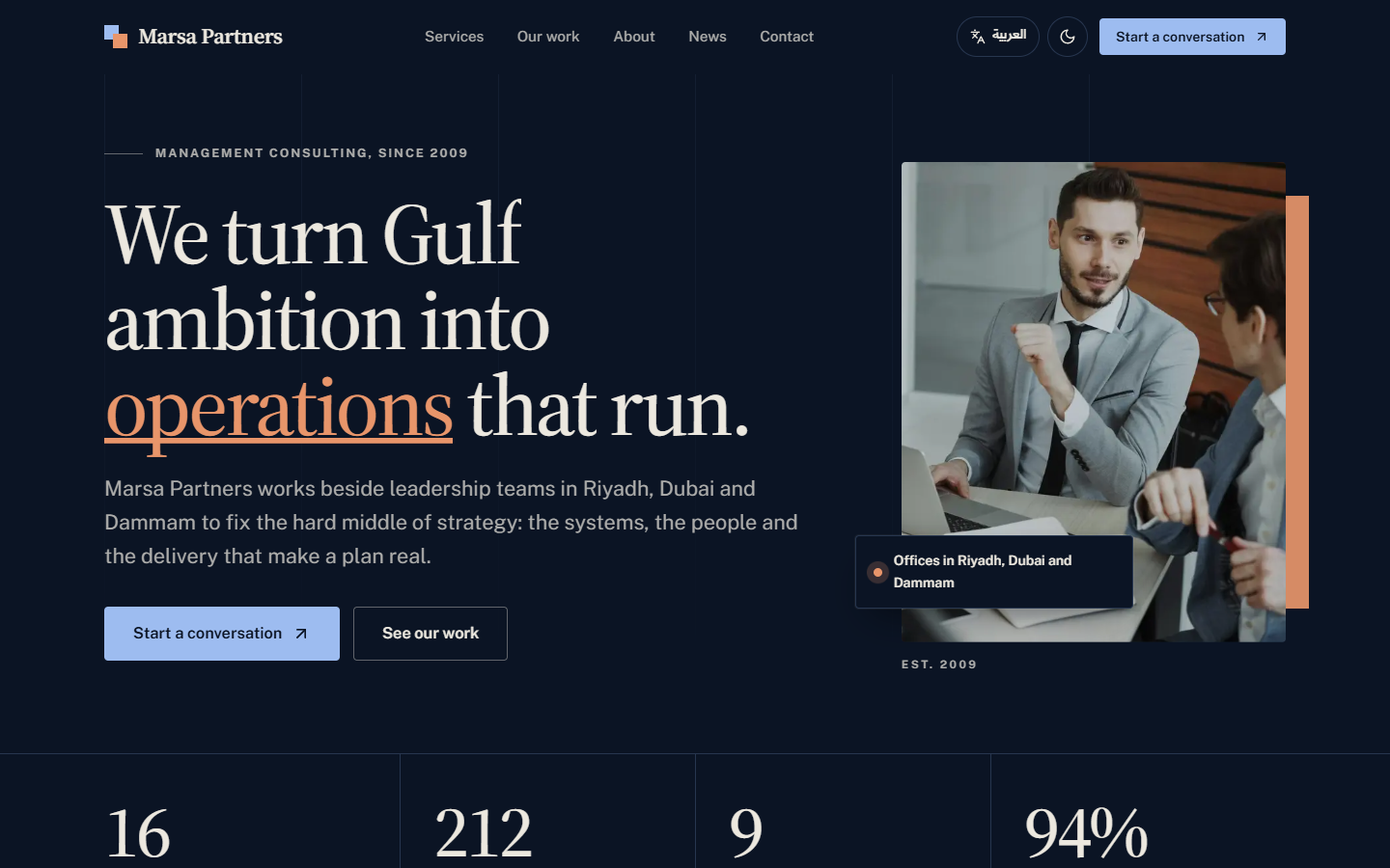 Business website template, home page in dark mode