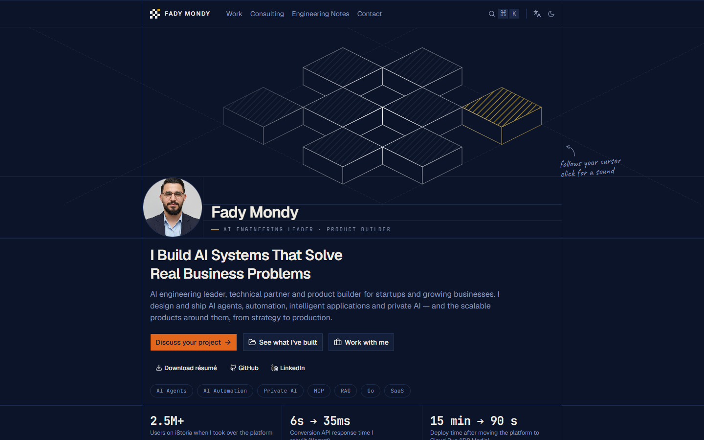 Fady Mondy website template, home page in dark mode