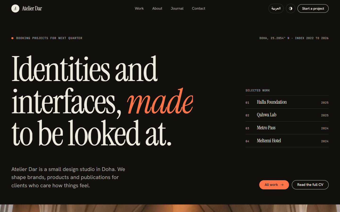 Portfolio website template, home page in dark mode